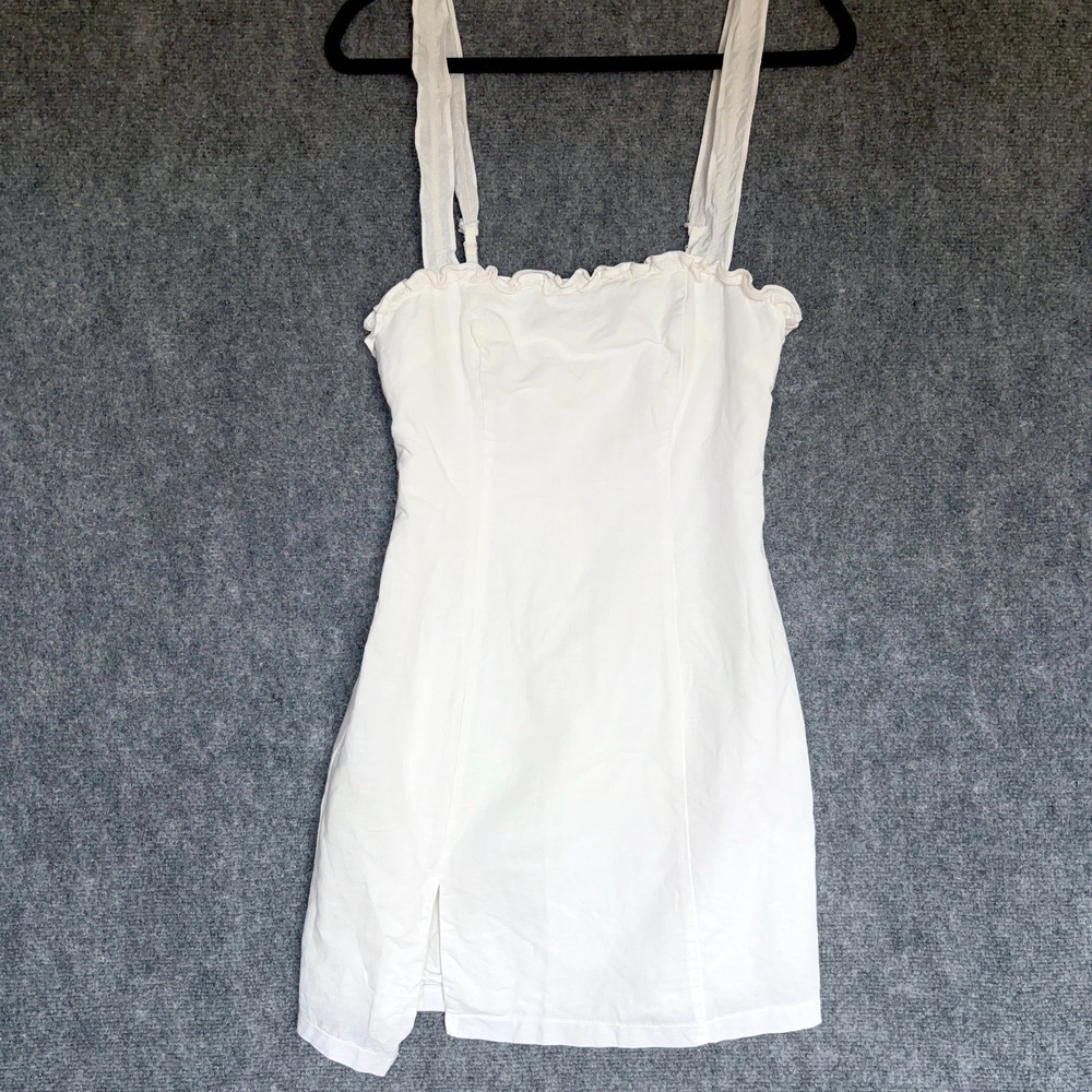 Princess Polly White Linen Blend Mini Dress Ruffle Strap Slit Fitted Size 2